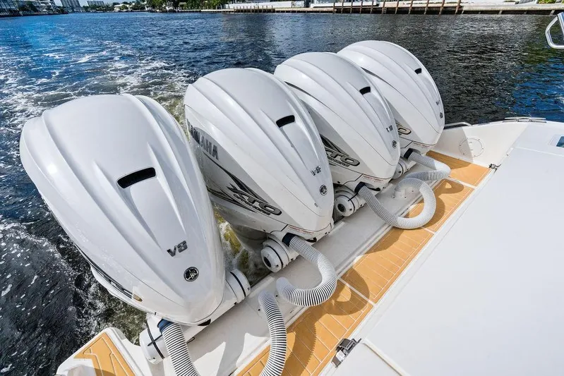 No Vacancy Yacht Photos Pics Four Yamaha outboard engines on a 2022 Pursuit S 428 Sport boat.