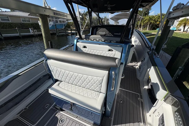  Yacht Photos Pics 2023 Nor-Tech 390 Sport Center Console boat interior with luxurious seating and modern design.