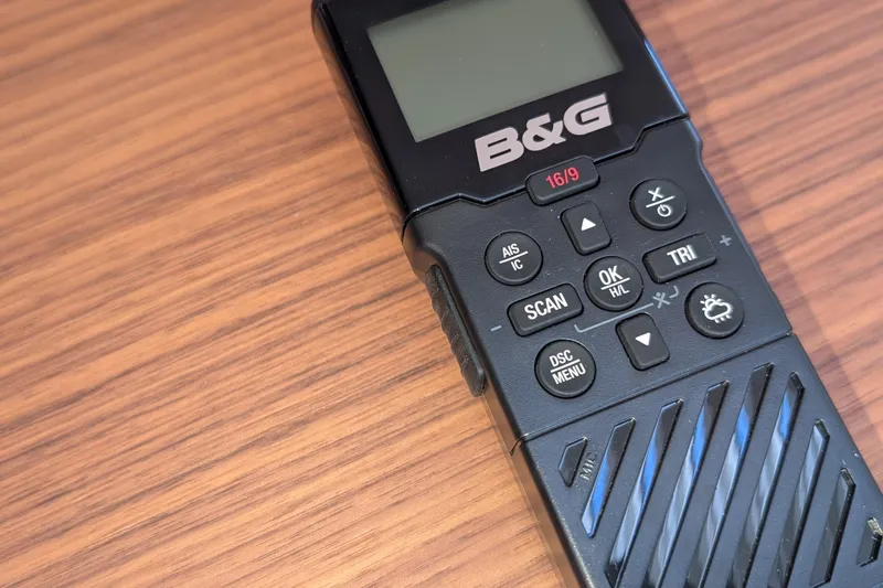 Blue Yonder Yacht Photos Pics B&G marine radio on wooden surface, part of 2024 J Boats J/112E equipment.