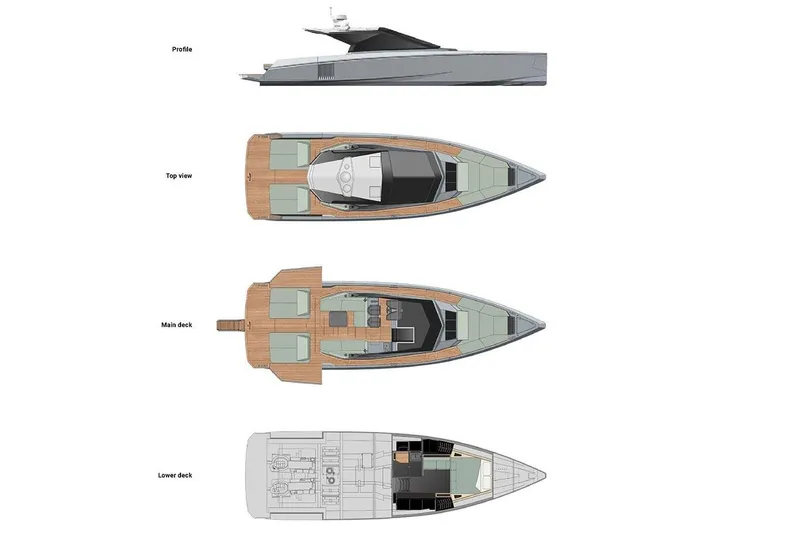  Yacht Photos Pics 2024 Wally Power 50 yacht design with profile, top, main, and lower deck views.