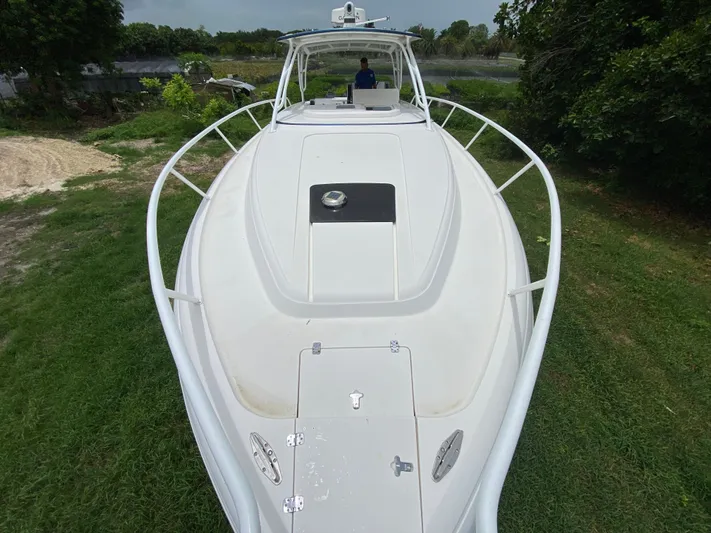  Yacht Photos Pics 2008 Intrepid 390 Sport Yacht on grassy area, viewed from bow.