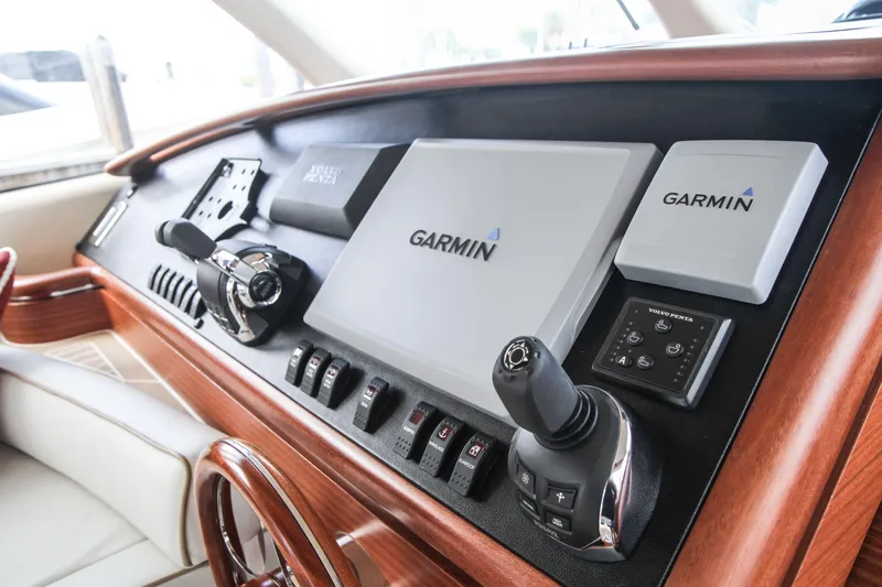 Gazelle Yacht Photos Pics Control panel of 2014 Zeelander Z44 yacht featuring Garmin navigation system.