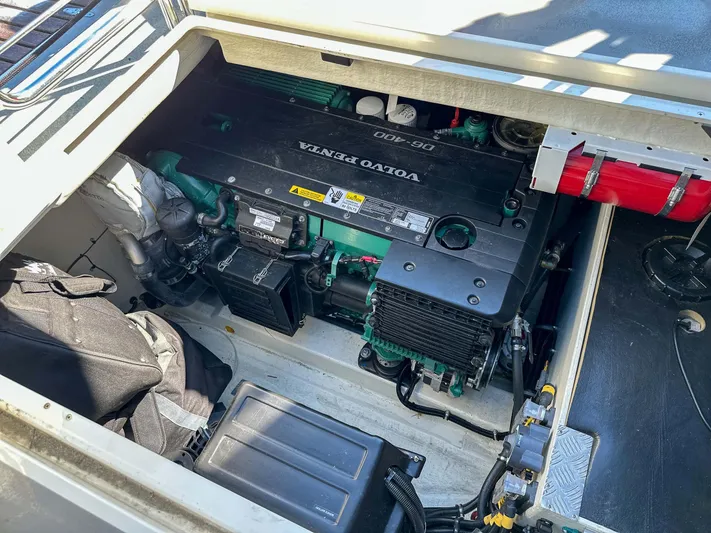  Yacht Photos Pics Engine compartment of a 2019 Targa 32 boat featuring a Volvo Penta engine.