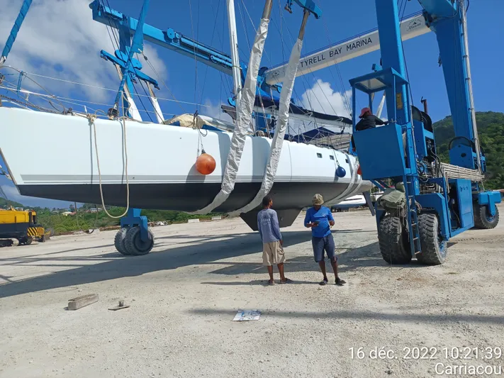 Atanahoue Yacht Photos Pics Custom Paladin 60 yacht lifted at Tyrell Bay Marina, Carriacou, December 2022.