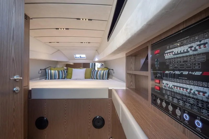 Yacht Photos Pics Interior of 2025 Anvera 42 yacht, featuring a cozy cabin with modern control panel.