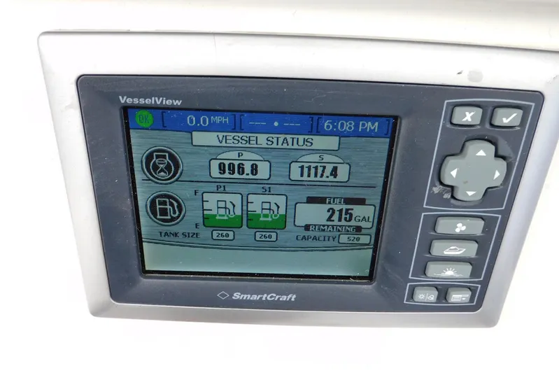 Full Deck Yacht Photos Pics SmartCraft VesselView display on 2008 Sea Ray 44 Sedan Bridge showing vessel status and fuel levels.