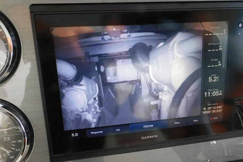 Full Deck Yacht Photos Pics Garmin display showing engine room of 2008 Sea Ray 44 Sedan Bridge yacht.