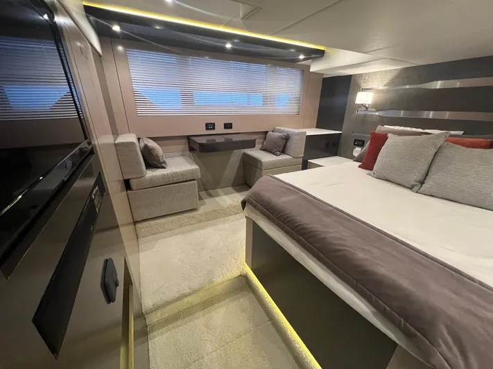 Mon Cheri Yacht Photos Pics Luxurious interior of 2018 Cruisers Yachts 54 Cantius with modern design and comfortable seating.