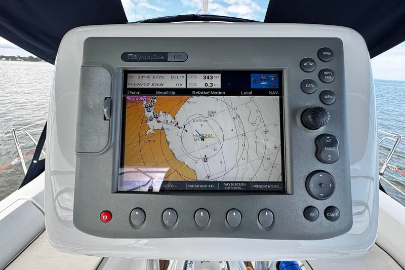  Yacht Photos Pics Navigation system on a 2006 Hunter 38 sailboat, displaying nautical chart and controls.