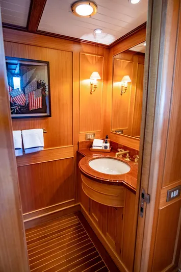 Fortuna Yacht Photos Pics Luxurious wooden bathroom interior on a 1999 Palmer Johnson Motor Yacht.