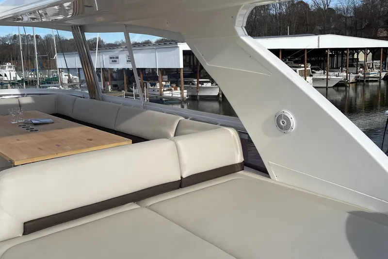  Yacht Photos Pics Luxurious seating area on 2012 Princess 72 Motor Yacht, docked at marina.