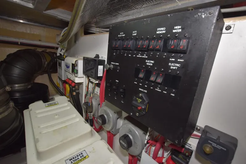 Seawood Yacht Photos Pics Control panel in the engine room of a 2007 Carver 52 Voyager yacht.