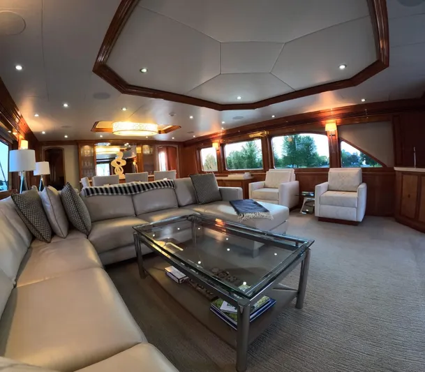 Sterling V Yacht Photos Pics Luxurious interior of 2007 Hargrave 93' yacht with elegant seating and modern decor.