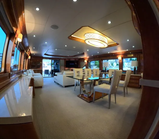 Sterling V Yacht Photos Pics Luxurious interior of 2007 Hargrave 93' yacht with elegant dining and seating area.