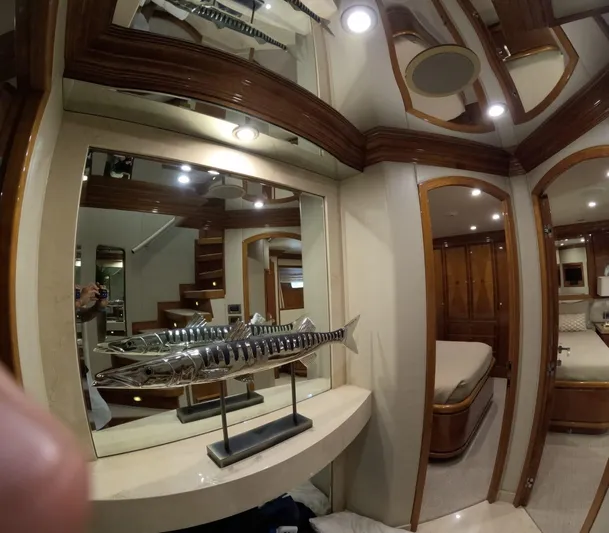 Sterling V Yacht Photos Pics Luxurious interior of 2007 Hargrave 93' yacht with elegant decor and mirrored walls.