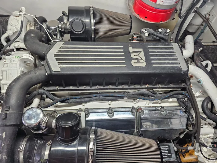 Sterling V Yacht Photos Pics Engine of a 2007 Hargrave 93' yacht with CAT branding.