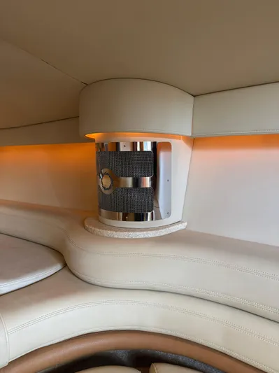  Yacht Photos Pics 2008 Fountain 38 Lightning interior with beige seating and ambient lighting.