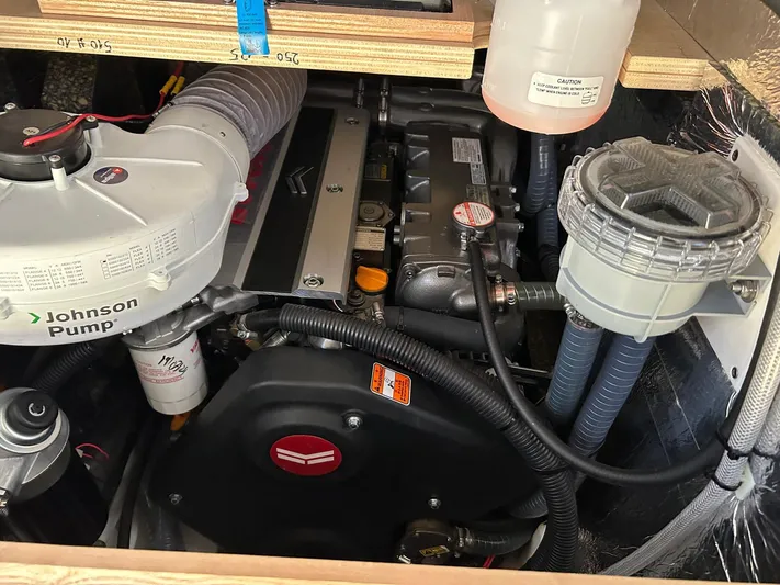  Yacht Photos Pics Engine compartment of a 2022 Hanse 510 yacht with visible Johnson Pump.