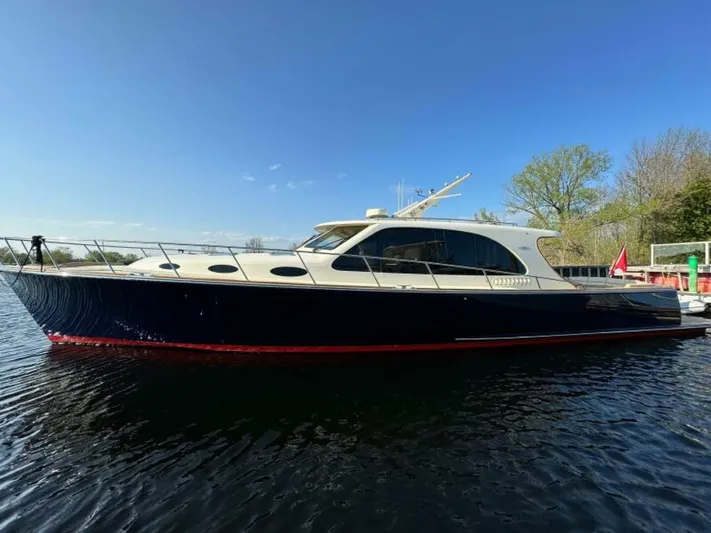 Castlefinn Yacht Photos Pics 2018 Palm Beach Motor Yachts PB55, sleek design, docked on calm water under clear blue sky.
