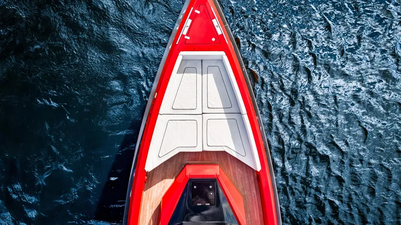 Corso Red Yacht Photos Pics Red Wally 48 yacht bow on water, 2021 model, top view.