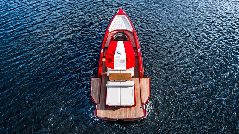 Corso Red Yacht Photos Pics Red 2021 Wally 48 yacht on open water, aerial view.