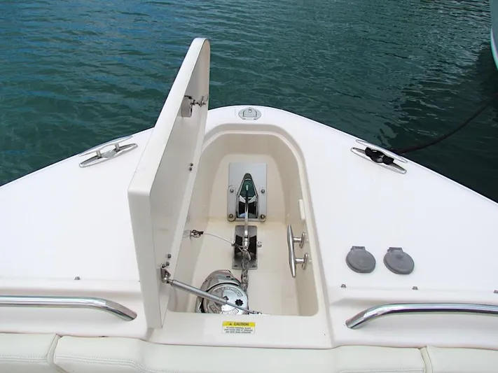  Yacht Photos Pics Bow of 2014 Grady-White Freedom 375 boat with anchor compartment open.