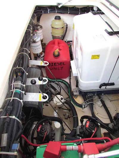  Yacht Photos Pics Engine compartment of a 2014 Grady-White Freedom 375 boat with diesel fuel tank.