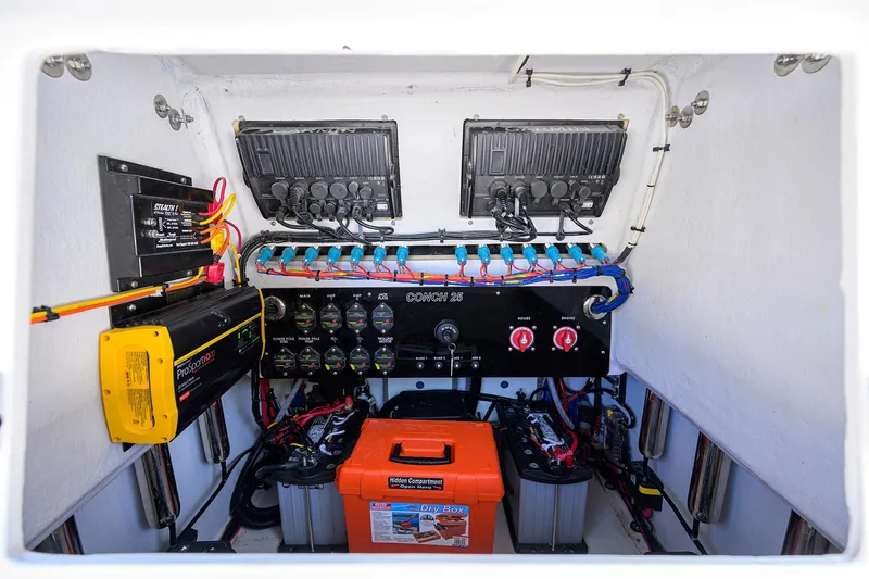  Yacht Photos Pics Electrical system of 2024 Conch 25 boat with wiring and battery setup.