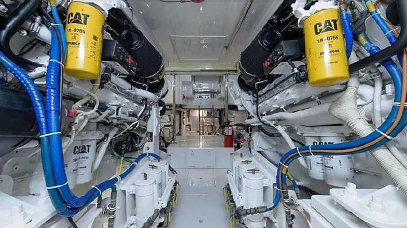  Yacht Photos Pics Engine room of a 2007 Hatteras 68 Convertible yacht with CAT engines.