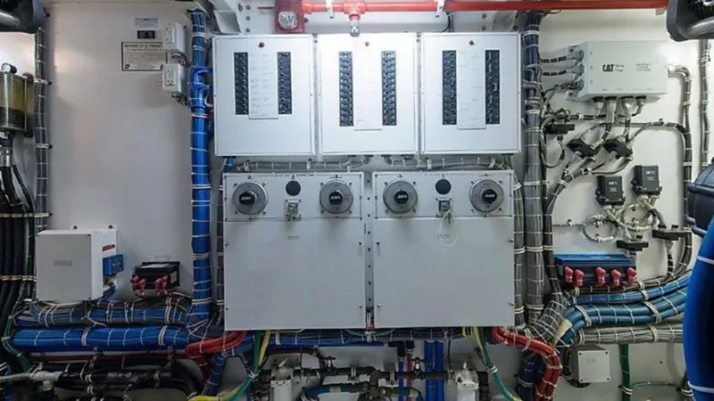  Yacht Photos Pics Electrical control panel in the engine room of a 2007 Hatteras 68 Convertible yacht.