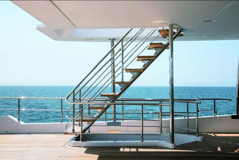 Miss M Yacht Photos Pics Staircase on Azimut Grande 35 Metri yacht, 2020 model, overlooking the ocean.