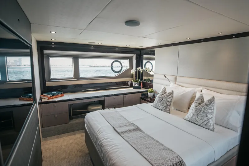My Serenity Yacht Photos Pics Luxurious bedroom interior of 2018 Sunseeker Manhattan 66 yacht with ocean view.