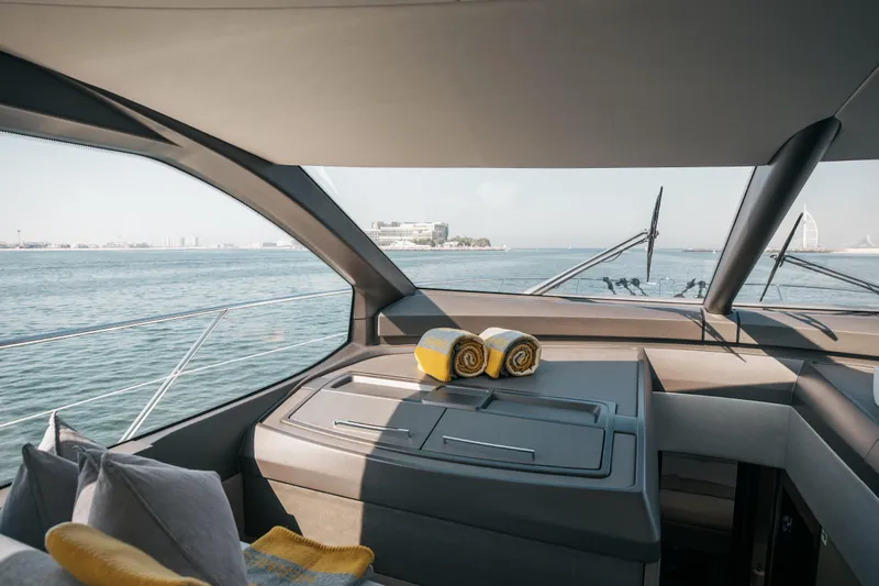 My Serenity Yacht Photos Pics Luxurious interior of 2018 Sunseeker Manhattan 66 yacht with ocean view.