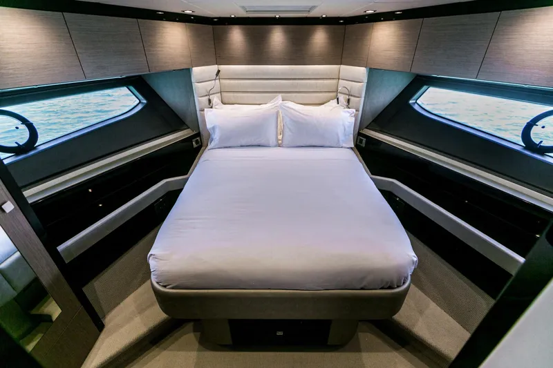 My Serenity Yacht Photos Pics Luxurious bedroom interior of 2018 Sunseeker Manhattan 66 yacht with elegant design.