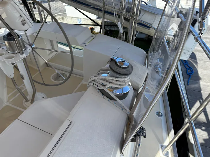 Aevitas Yacht Photos Pics Sailboat cockpit with winch and ropes, Outbound 46, 2011 model.