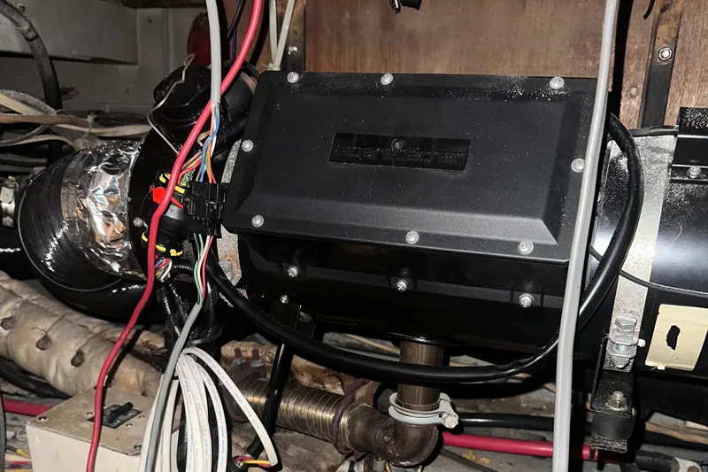 Apple 1 Yacht Photos Pics Engine compartment of 1974 Hatteras 58 Yachtfish with wiring and components.