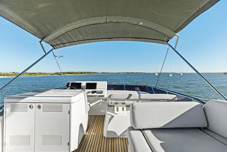 Pure De Papas Yacht Photos Pics Prestige 520 Fly 2019 yacht flybridge with seating, ocean view, and canopy.