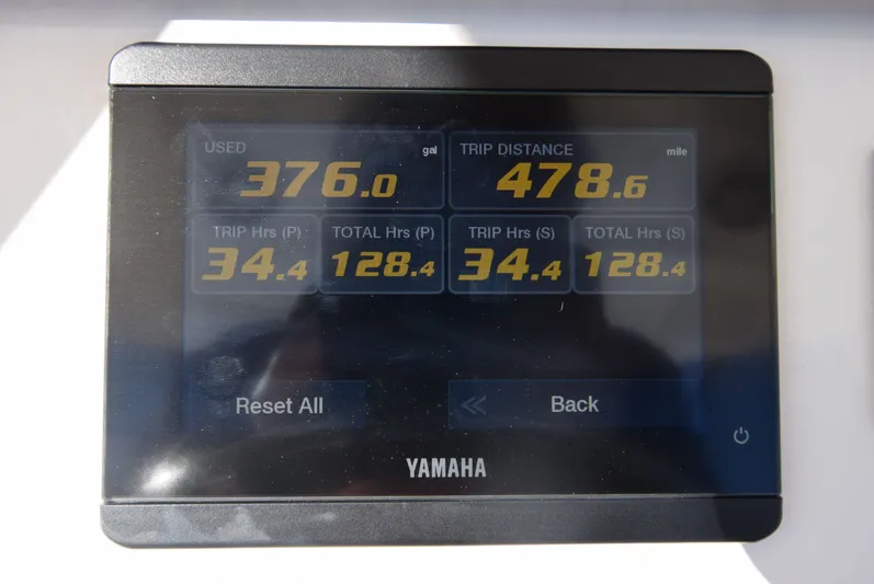 Salty Dog Yacht Photos Pics Yamaha display showing fuel usage and trip data on 2023 Regulator 31 boat.