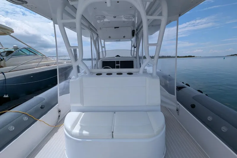Yellowfin Yacht Photos Pics 2015 Yellowfin RIB boat interior with white seating and ocean view.