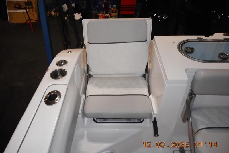  Yacht Photos Pics 2023 Sea Fox 288 Commander boat seating with cup holders and storage.