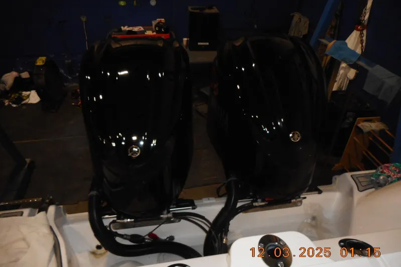  Yacht Photos Pics Twin black outboard engines on a 2023 Sea Fox 288 Commander boat.