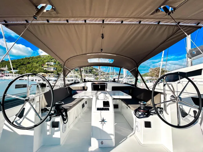 Air Guitar Yacht Photos Pics 2024 Jeanneau Sun Odyssey 440 sailboat cockpit with dual steering wheels and canopy.