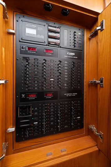 Lil Fella Yacht Photos Pics Electrical control panel inside a 2012 Cabo 44 Hardtop Express boat.