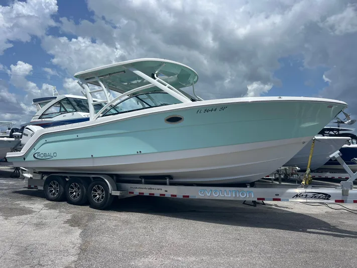  Yacht Photos Pics 2020 Robalo R317 Dual Console boat on trailer under cloudy sky.