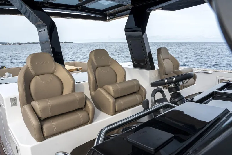  Yacht Photos Pics 2024 Pardo Yachts P50 helm with luxurious seating and ocean view.