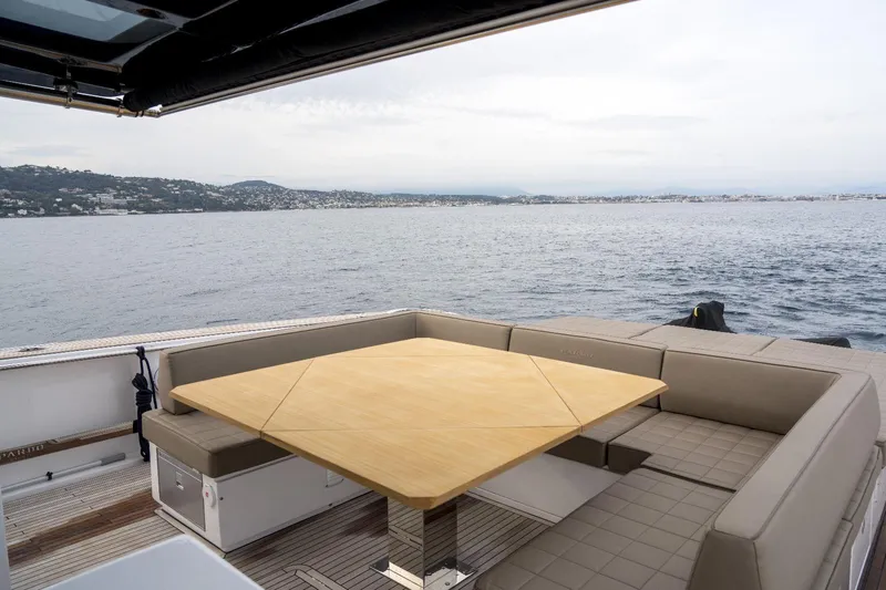  Yacht Photos Pics Luxurious 2024 Pardo Yachts P50 deck with elegant seating and scenic ocean view.
