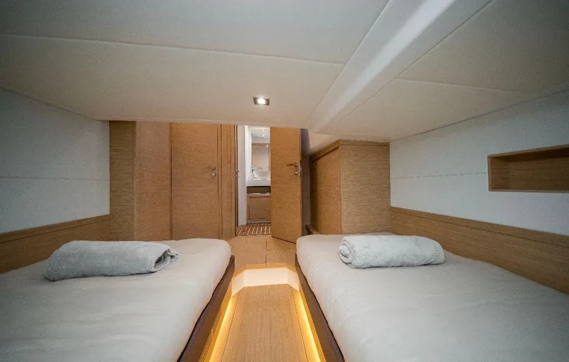  Yacht Photos Pics Luxurious cabin interior of 2024 Pardo Yachts P50 with twin beds and modern design.
