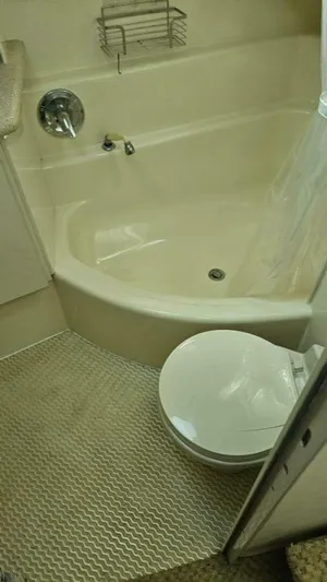 Elusive Yacht Photos Pics Bathroom interior of 1997 Carver 500 Cockpit Motor Yacht with shower and toilet.