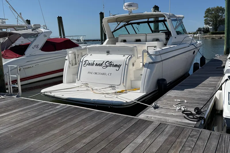Dark And Stormy Yacht Photos Pics 2000 Tiara Yachts 3500 Express docked at marina, Pine Orchard, CT.