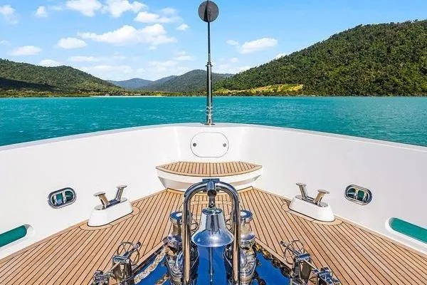 Batavia Yacht Photos Pics Richmond Yachts 135 Motor Yacht 2003, deck view with scenic water and mountain backdrop.